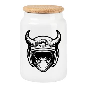Retro Motocross Motorradhelm mit zwei Hörnern - Keksdose mit Holzdeckel - Weiß - Vorne