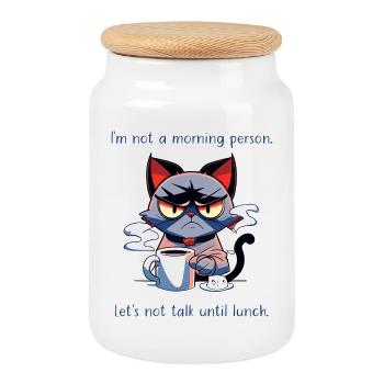 Not a Morning Person Coffee Cat Saying - Cookie Jar with Wooden Lid - white - Front