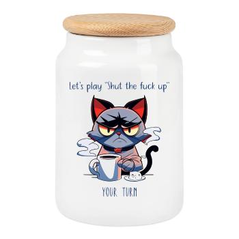 Grimmige Katze Kaffee Sarkasmus Spruch - Keksdose mit Holzdeckel - Weiß - Vorne