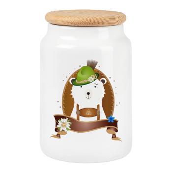 cute polar bear in traditional costume with hat and lederhosen - Cookie Jar with Wooden Lid - white - Front