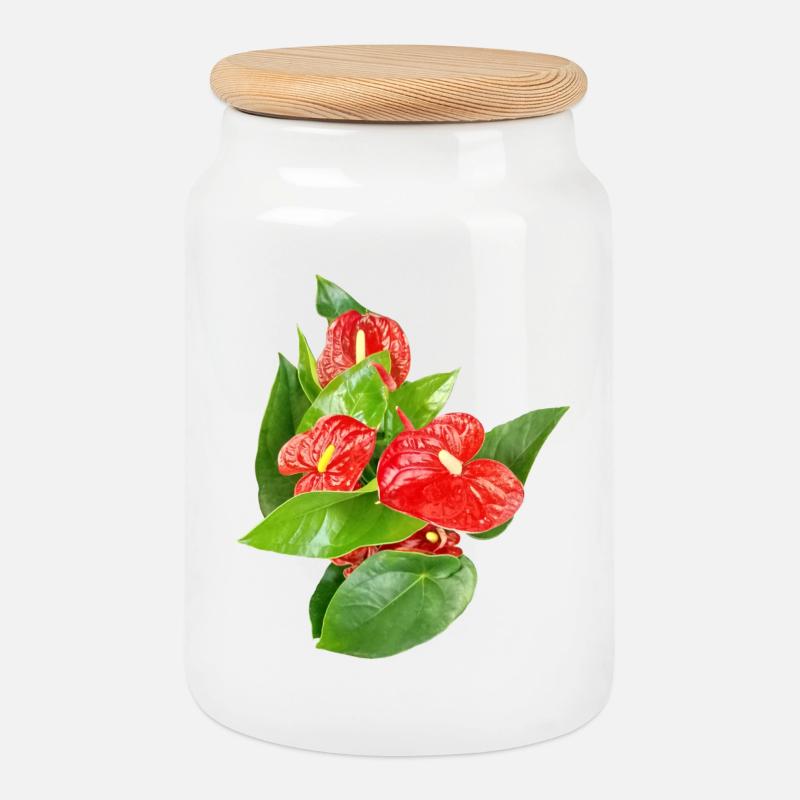 Édition florale en anthurium rouge - Boîte à biscuits avec couvercle en bois - blanc