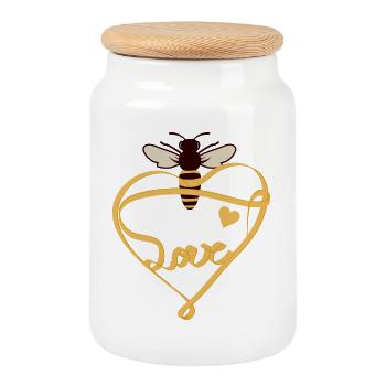 stylized bee with yellow ribbon and lots of love - Cookie Jar with Wooden Lid - white - Front