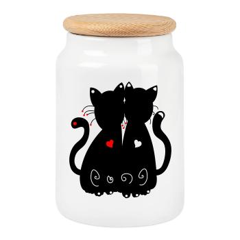 black cats - Cookie Jar with Wooden Lid - white - Front