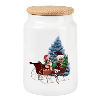Niedlicher Weihnachtswelpe und Mondscheinelf - Keksdose mit Holzdeckel - Weiß - Vorne