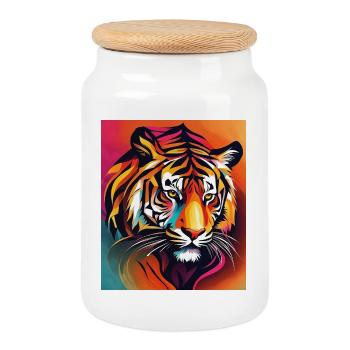 Tiger - Cookie Jar with Wooden Lid - white - Front