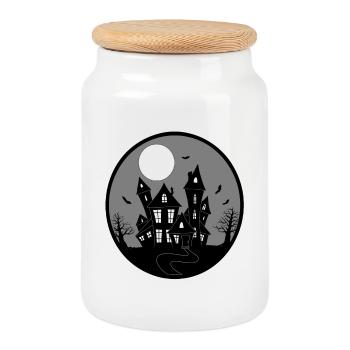 Maison hantée - Boîte à biscuits avec couvercle en bois - blanc - Devant