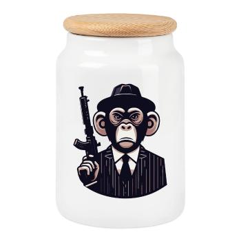 Pinstripe Gangster Monkey - Cookie Jar with Wooden Lid - white - Front