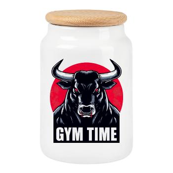 Zeit im Fitnessstudio - Stier Stärke - Keksdose mit Holzdeckel - Weiß - Vorne