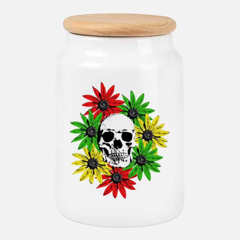 Blumen gerahmter Totenkopf - Keksdose mit Holzdeckel - Weiß