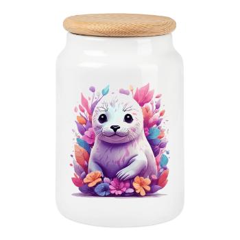 Cute Seal - Cookie Jar with Wooden Lid - white - Front