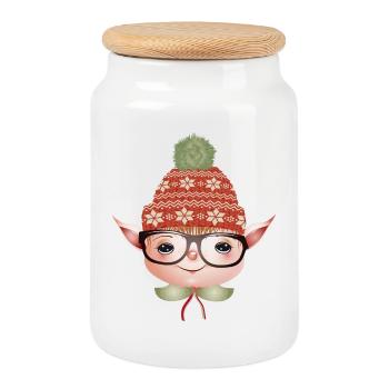 Adorable cute Christmas elf with glasses - Cookie Jar with Wooden Lid - white - Front