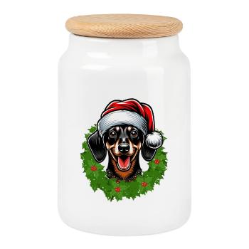 Noël et teckel | Festif pour les amoureux des chiens - Boîte à biscuits avec couvercle en bois - blanc - Devant