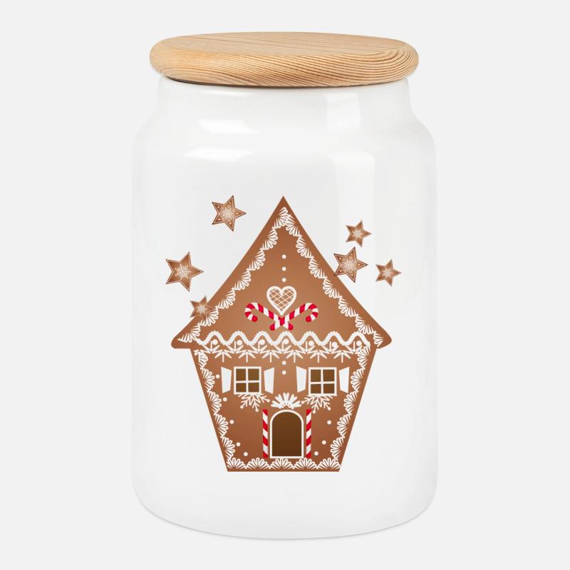 uriges Lebkuchen Haus mit Lebkuchen Sterne - Keksdose mit Holzdeckel - Weiß