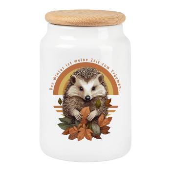 Cute hedgehog in pile of leaves - Cookie Jar with Wooden Lid - white - Front