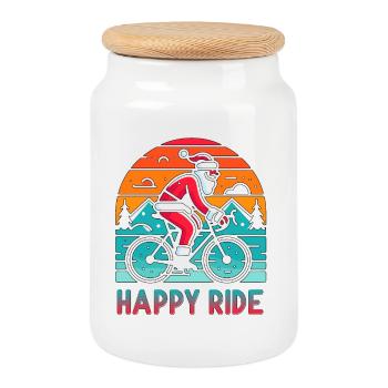 Illustration de cyclisme du Père Noël festif - Boîte à biscuits avec couvercle en bois - blanc - Devant