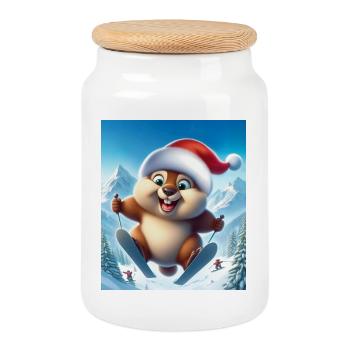 Groundhog Jumping Ski Christmas - Cookie Jar with Wooden Lid - white - Front