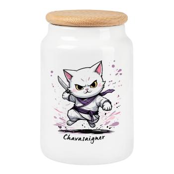 Chat maître de combat, ça va saigner ! humour - Boîte à biscuits avec couvercle en bois - blanc - Devant
