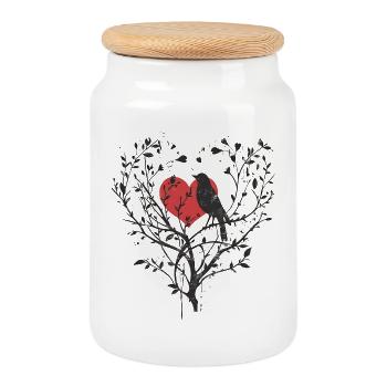 Tree with Heart and the Silhouette of a Bird, Love - Cookie Jar with Wooden Lid - white - Front