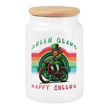 Leprechaun Radfahren St. Patrick's Day Design - Keksdose mit Holzdeckel - Weiß - Vorne