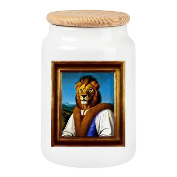 Lion Noble Portrait - Renaissance Royal Style - Cookie Jar with Wooden Lid - white - Front