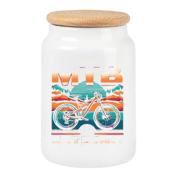 Lebendiges Mountainbike-Design bei Sonnenuntergang - Keksdose mit Holzdeckel - Weiß - Vorne