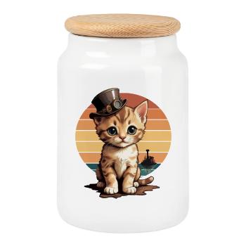 Steampunk Cat - Cookie Jar with Wooden Lid - white - Front