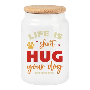 Life is Short, Hug Your Dog - Cookie Jar with Wooden Lid - white - Front