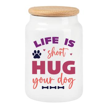 Life is Short, Hug Your Dog - Cookie Jar with Wooden Lid - white - Front