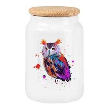 Owl Watercolor - Cookie Jar with Wooden Lid - white - Front
