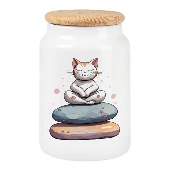 Zen-Katze in der Meditation - Keksdose mit Holzdeckel - Weiß - Vorne