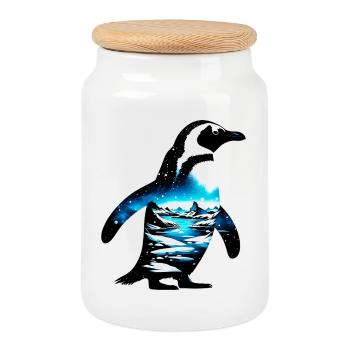 Decorated penguin painted with arctic landscape - Cookie Jar with Wooden Lid - white - Front