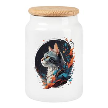 Bunte Katze - Keksdose mit Holzdeckel - Weiß - Vorne