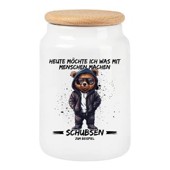 Heute möchte ich was mit Menschen machen, Schubsen - Keksdose mit Holzdeckel - Weiß - Vorne