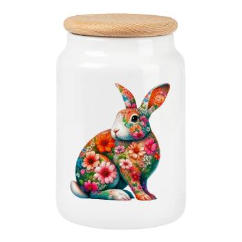 Rabbit decorated with flowers - Cookie Jar with Wooden Lid - white - Front