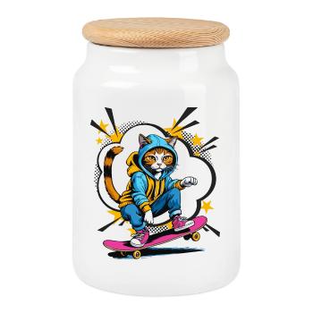 Skater Cat II : L’aventure du skateboard - Boîte à biscuits avec couvercle en bois - blanc - Devant
