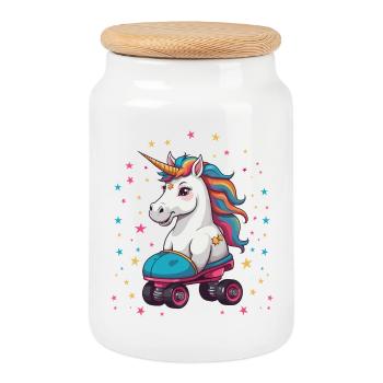 Licorne drôle de patin à roulettes - Boîte à biscuits avec couvercle en bois - blanc - Devant