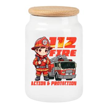Little Firefighter - Cookie Jar with Wooden Lid - white - Front