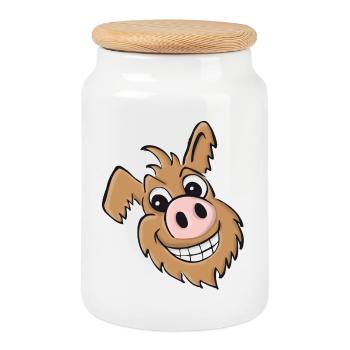 Chien cochon - amical - Boîte à biscuits avec couvercle en bois - blanc - Devant