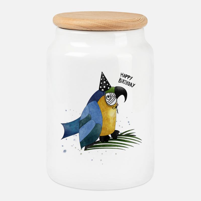 Happy Birthday Papagei Illustration - Keksdose mit Holzdeckel - Weiß