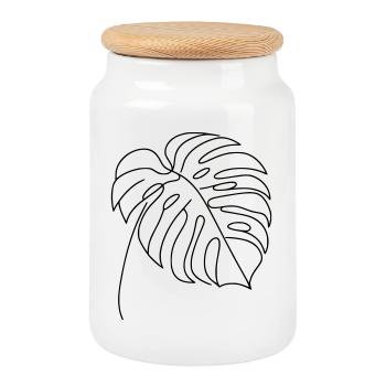 Monstera - Cookie Jar with Wooden Lid - white - Front