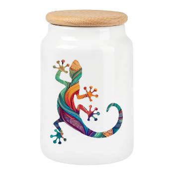 Mandala Gecko - Cookie Jar with Wooden Lid - white - Front