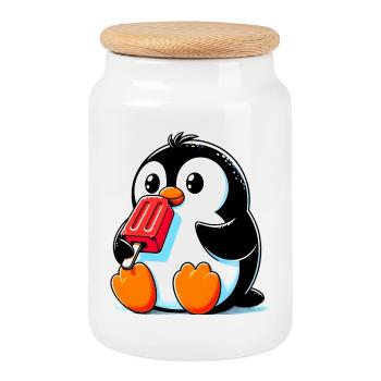 Un pingouin mange une sucette glacée - Boîte à biscuits avec couvercle en bois - blanc - Devant