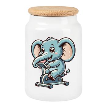 blauer Cartoon-Elefant auf einem Ergometer - Keksdose mit Holzdeckel - Weiß - Vorne
