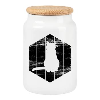 Cat Drawing - Cookie Jar with Wooden Lid - white - Front