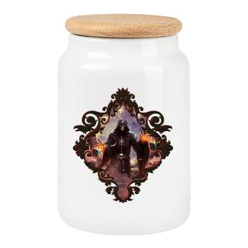 Fascinating and mystical setting of a skeleton - Cookie Jar with Wooden Lid - white - Front
