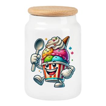 fröhliches Comic-Eis-Motiv für sommerlichen Spaß - Keksdose mit Holzdeckel - Weiß - Vorne