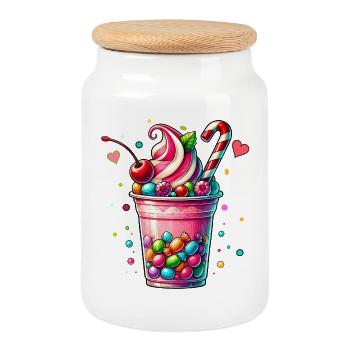 Genuss für die Sinne:Süßigkeiten Milchshake Becher - Keksdose mit Holzdeckel - Weiß - Vorne