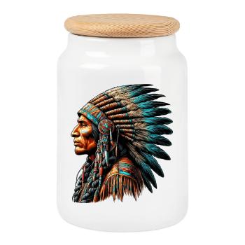 Amerikanisch, Indianer, Amerikaner - Keksdose mit Holzdeckel - Weiß - Vorne