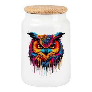 Owl - Cookie Jar with Wooden Lid - white - Front