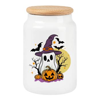 Cute Ghost Costume with Pumpkin & Bats - Cookie Jar with Wooden Lid - white - Front